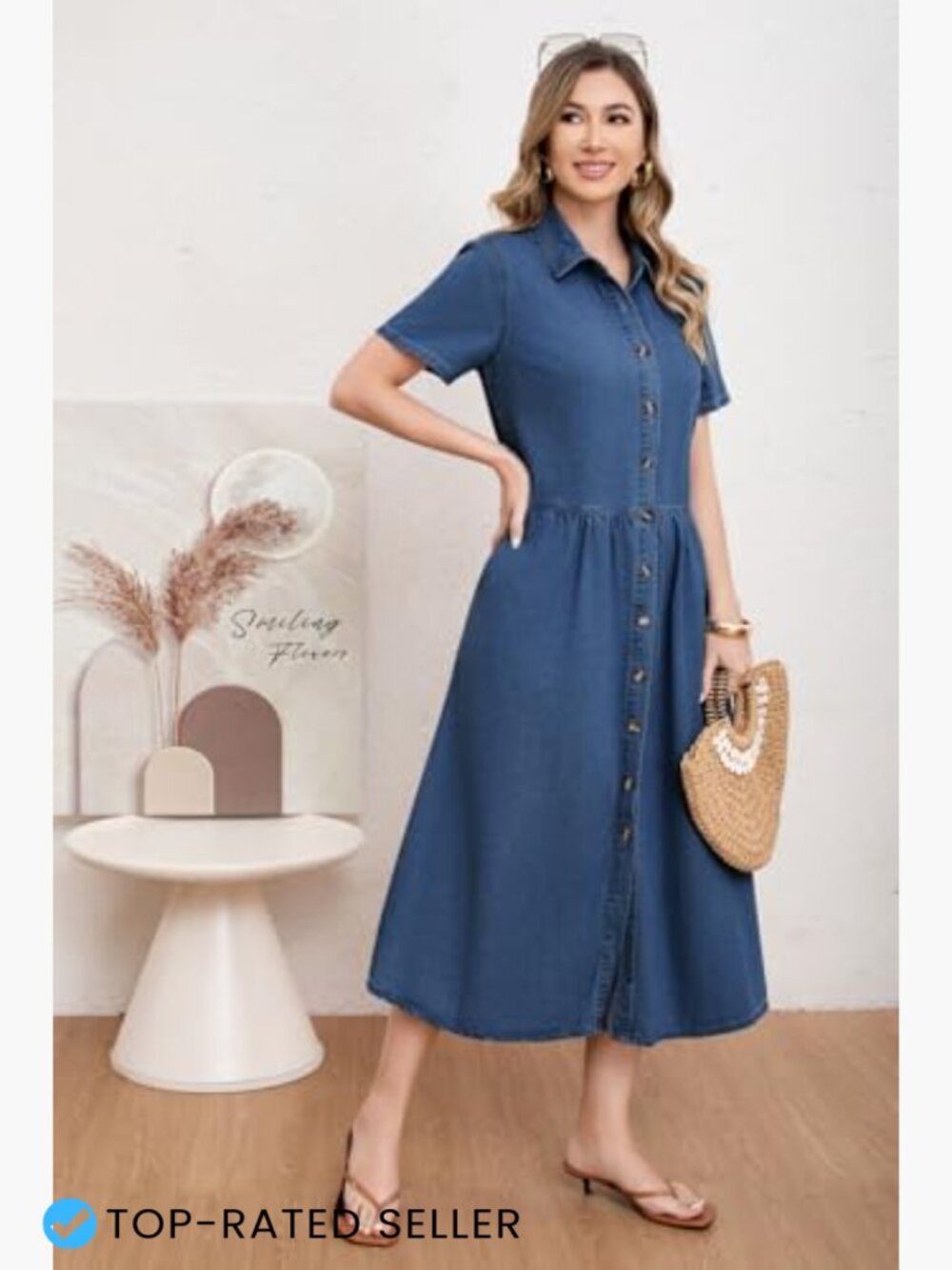 Denim Shirt Dress Oversized A-Line Midi Button Down Frayed Hem - Picture 3 of 7